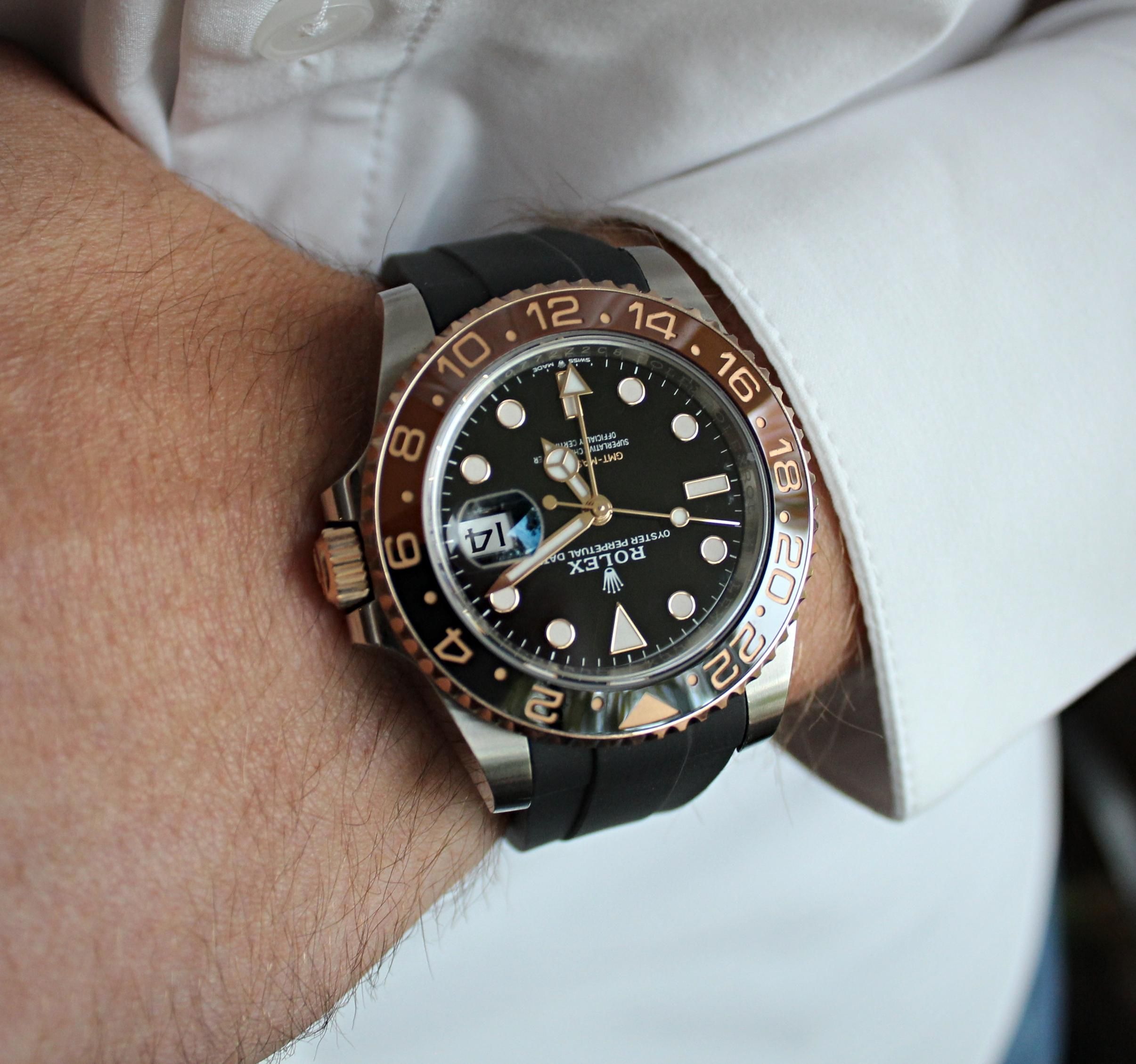 Rolex Rudbier Rolex GMT Rootbeer on WIS Straps Black Oysterflex Strap 🔥 | WatchCrunch