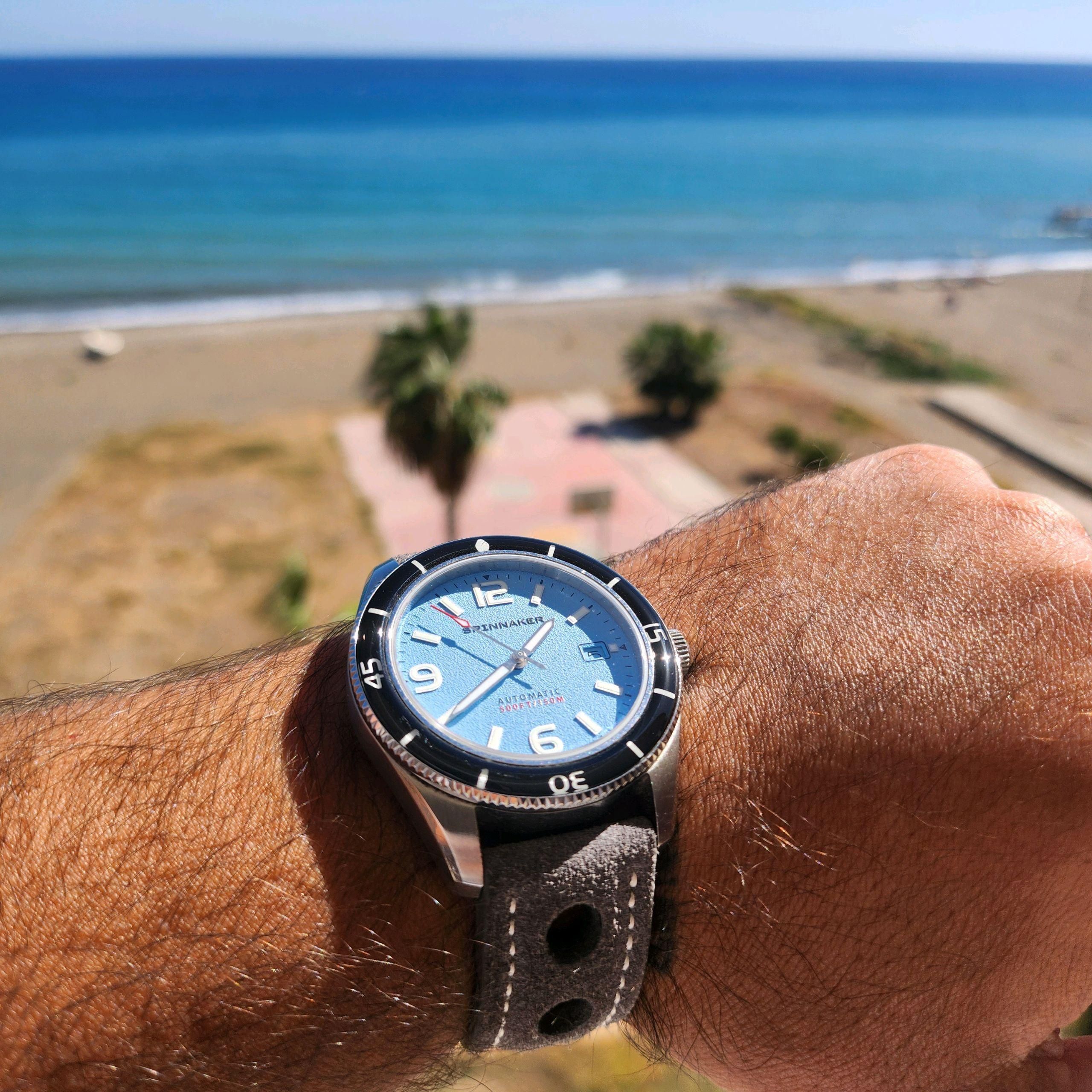Spinnaker Fleuss Horizon Blue × Grey Suede Rally Strap | WatchCrunch