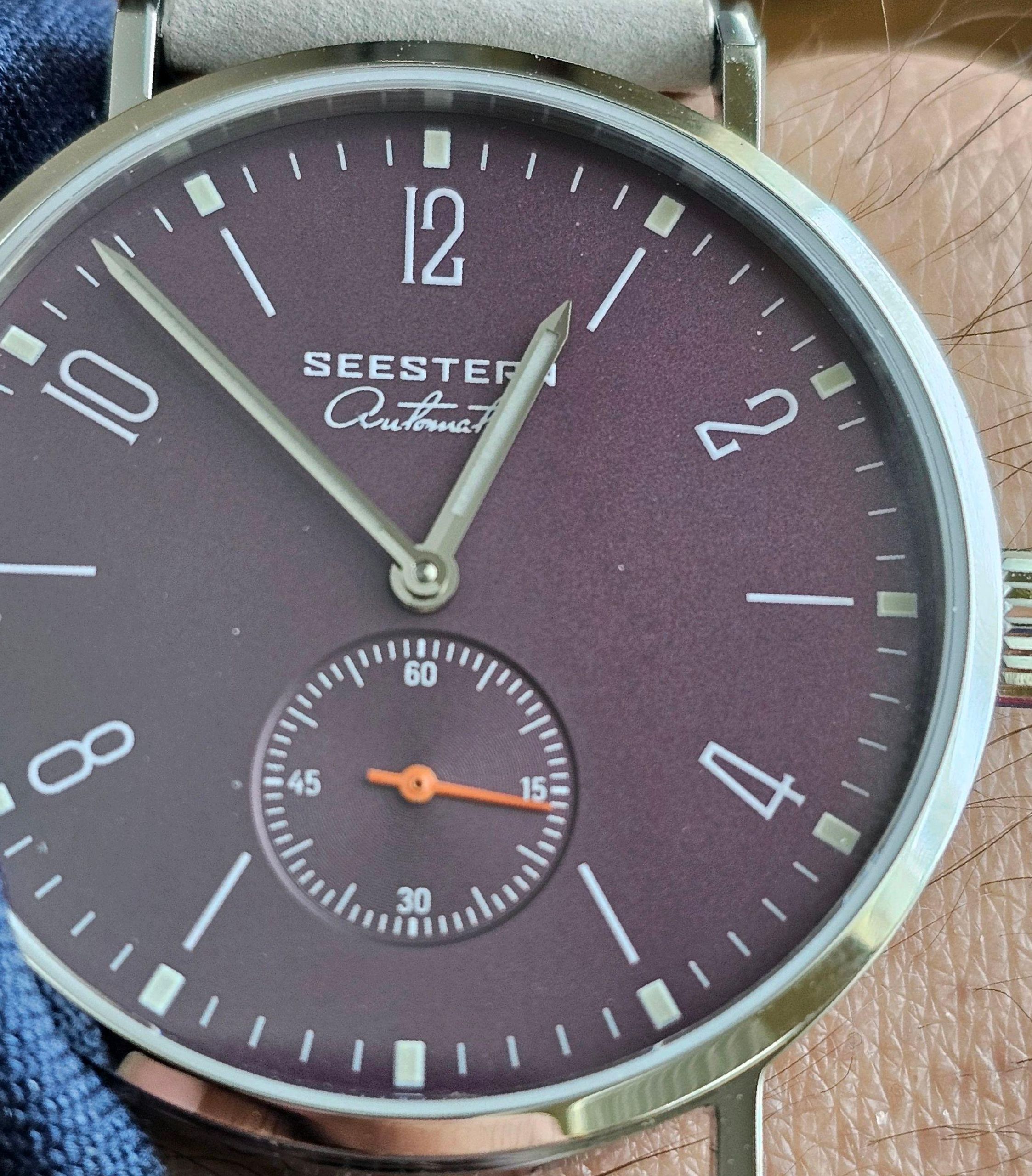 Seestern S382 Meccanico Automatico Acciaio Grigio Crema Pelle Zaffiro Orologio Uomo